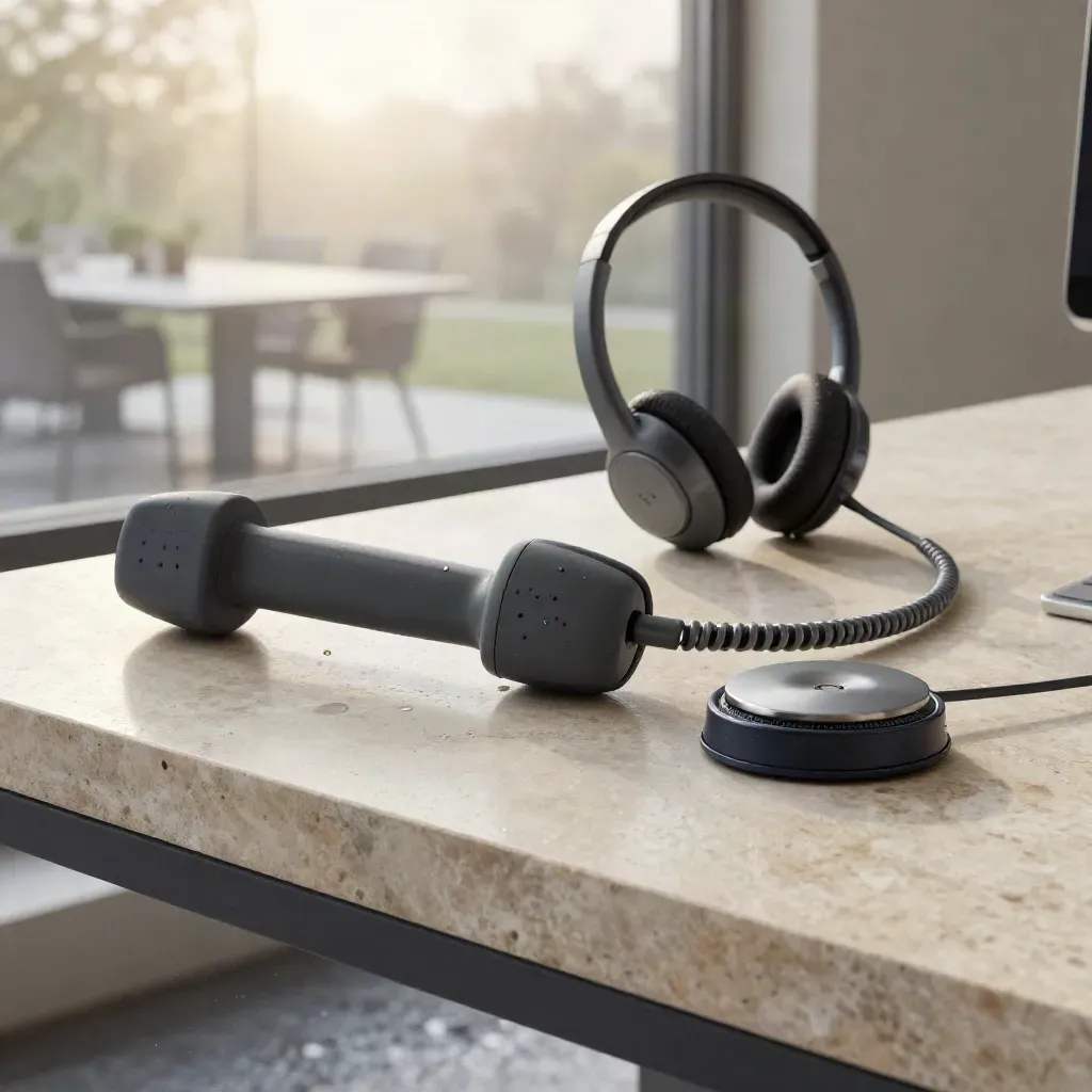 Graphite communications gear on wet limestone with mist and soft window light