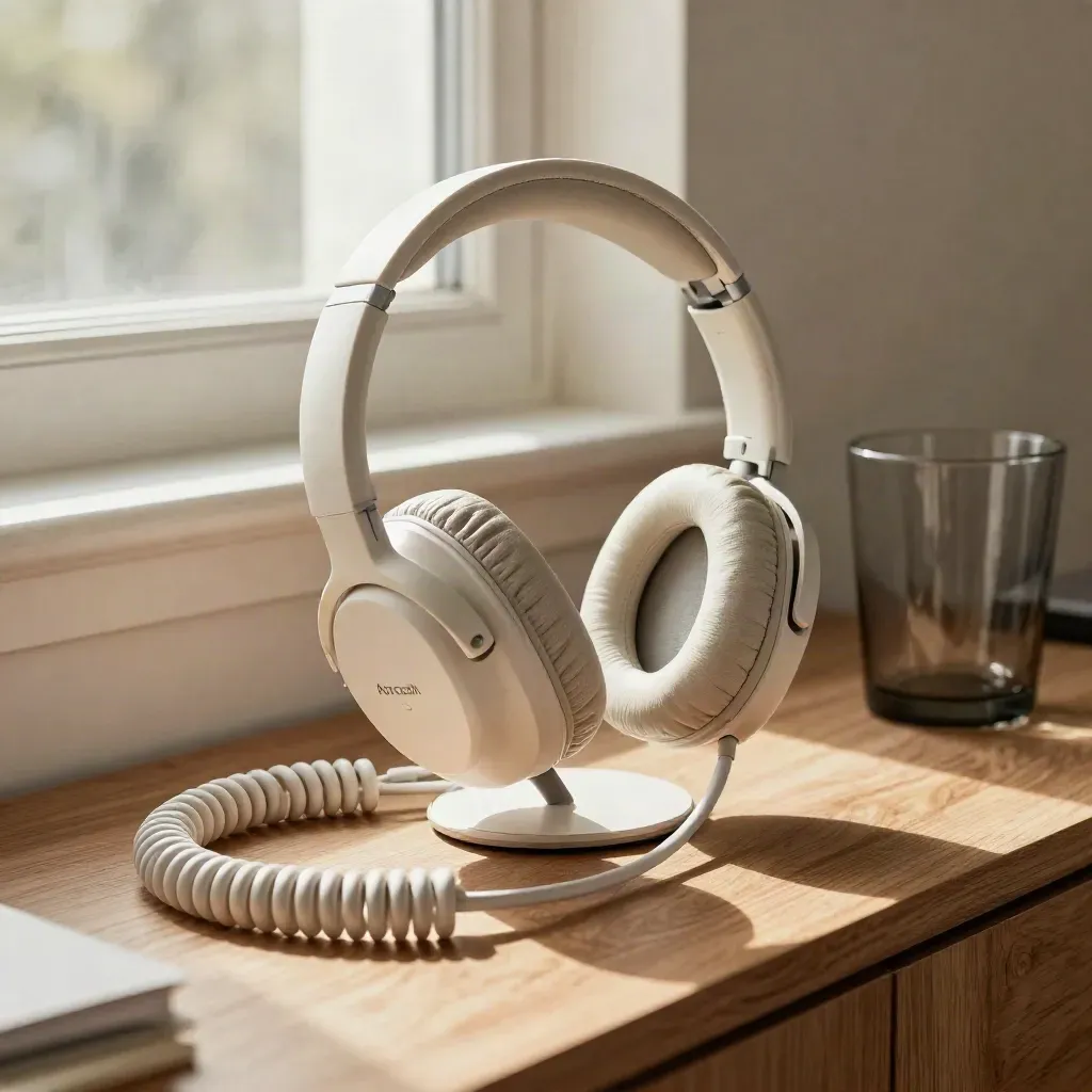 Off-white headset with base and cable on a linen-draped walnut credenza in soft morning light.