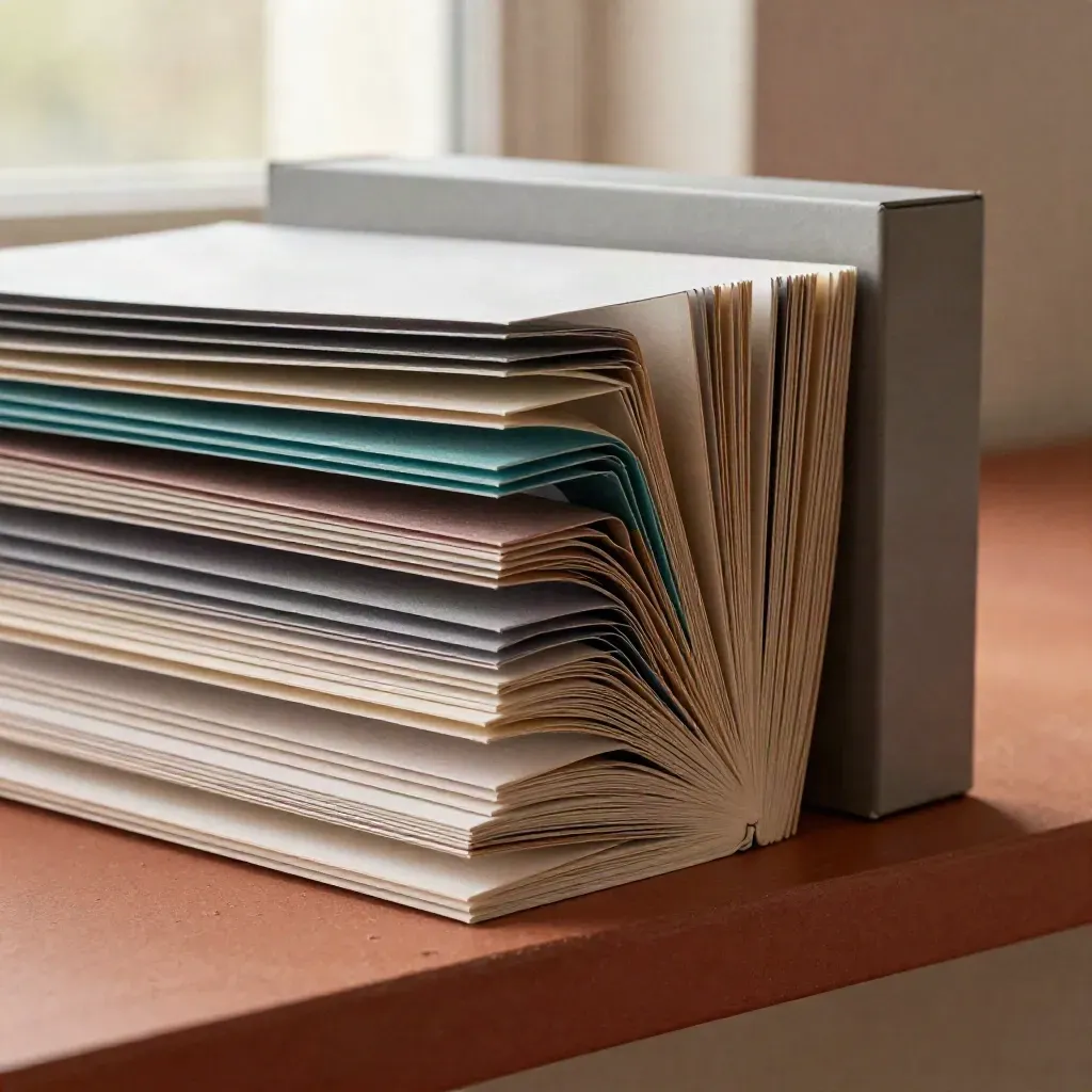 Macro of stacked monitoring sheets and a matte directory box on terracotta plaster.