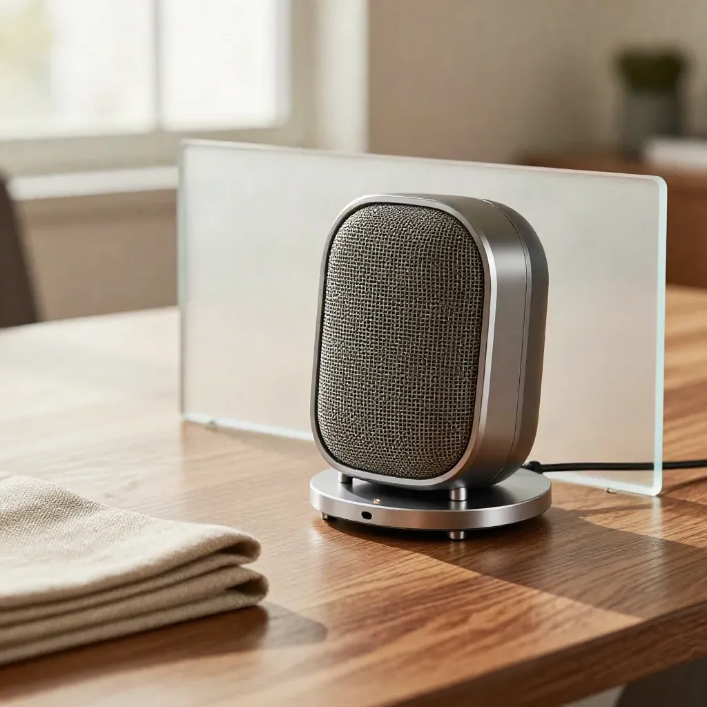 Conferencing speaker and charging base on walnut ledge beside frosted glass and linen