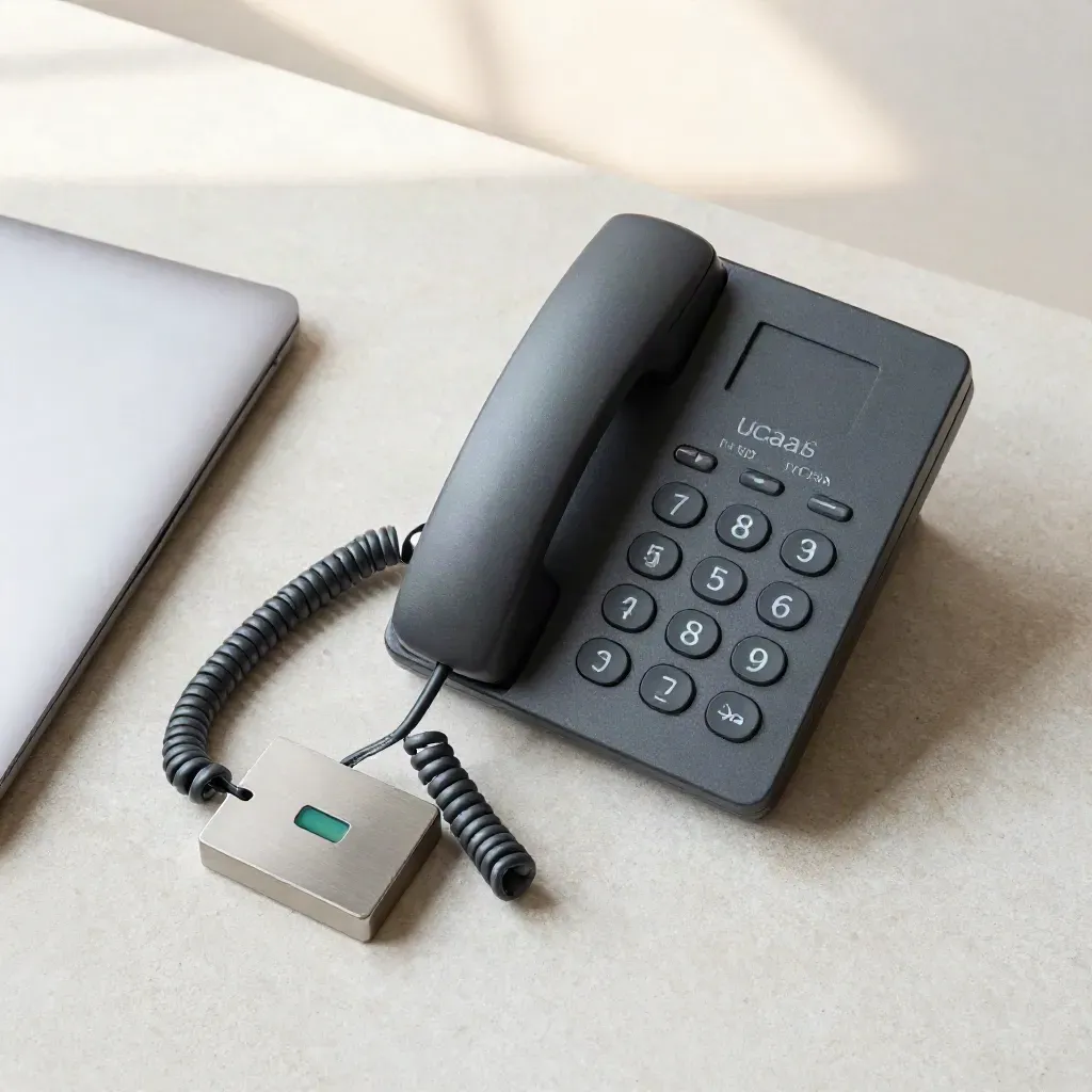 Overhead Teams-style phone, dock, and closed laptop corner on light limestone.